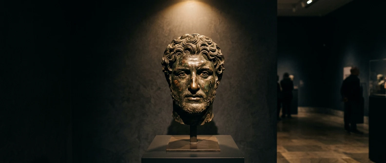 An ancient Greek bronze portrait head dramatically lit against a dark gallery wall
