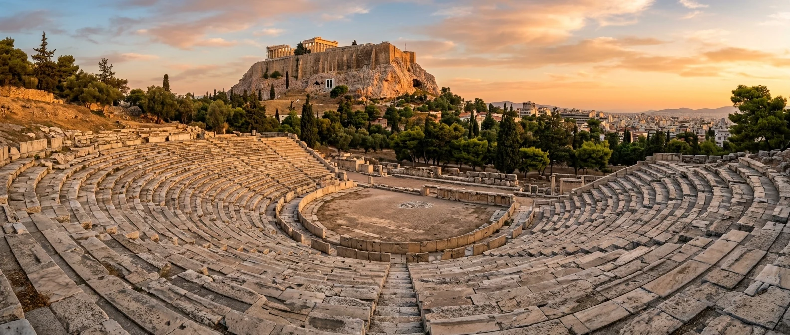 Το αρχαίο Θέατρο του Διονύσου στη νότια κλιτύ της Ακρόπολης την ώρα του χρυσού φωτός