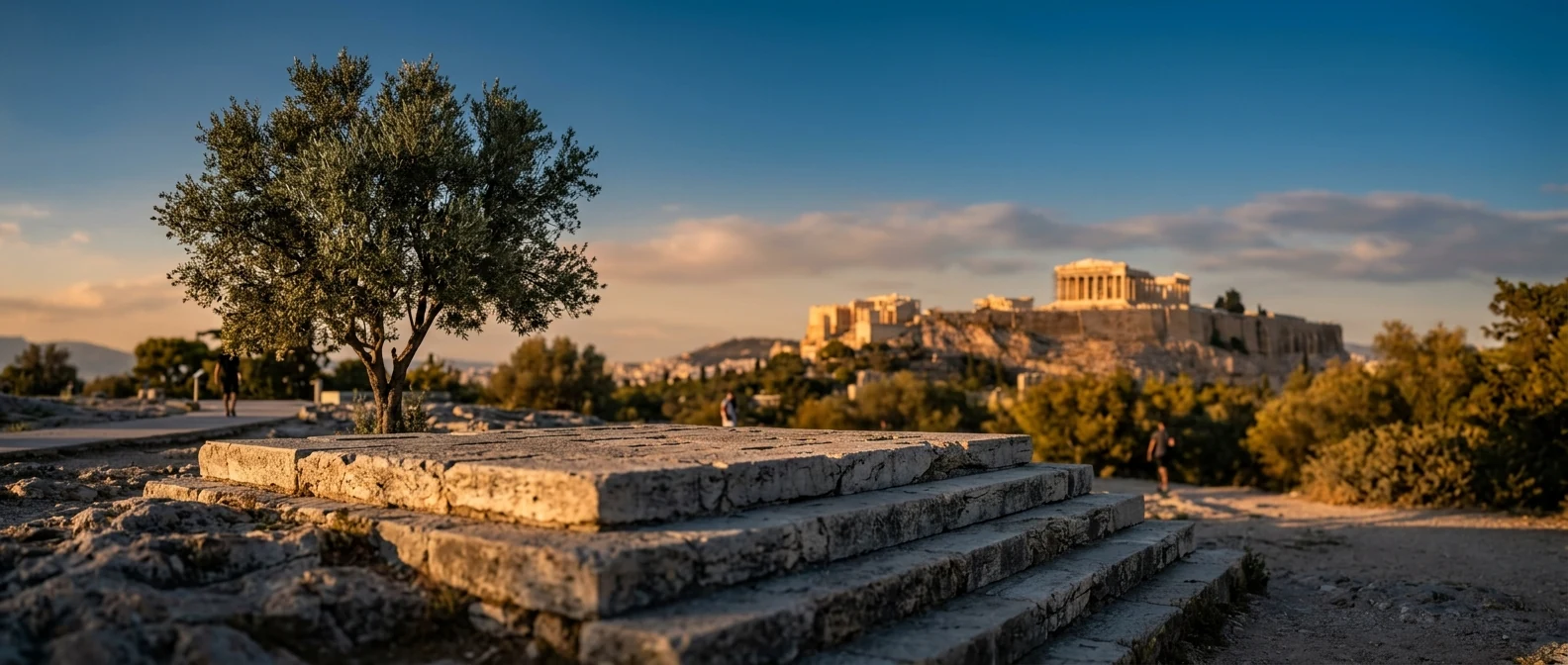 Το βήμα των ρητόρων στην Πνύκα στο χρυσό φως, με την Ακρόπολη στο βάθος
