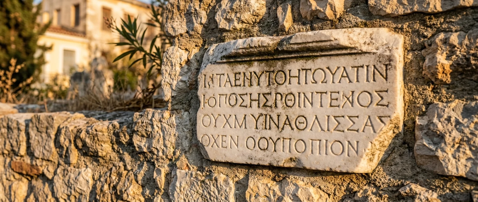 Παλιά χαραγμένη μαρμάρινη ελληνική επιγραφή με πλάγιο φωτισμό πάνω στα γράμματα