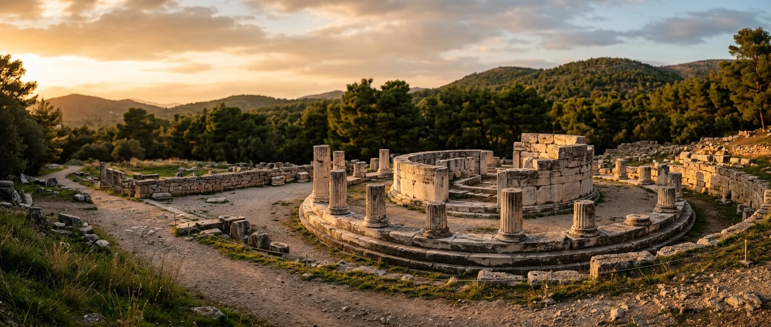 Η ερειπωμένη Θόλος στο Ασκληπιείο της Επιδαύρου τη χρυσή ώρα με ασβεστολιθικά θεμέλια