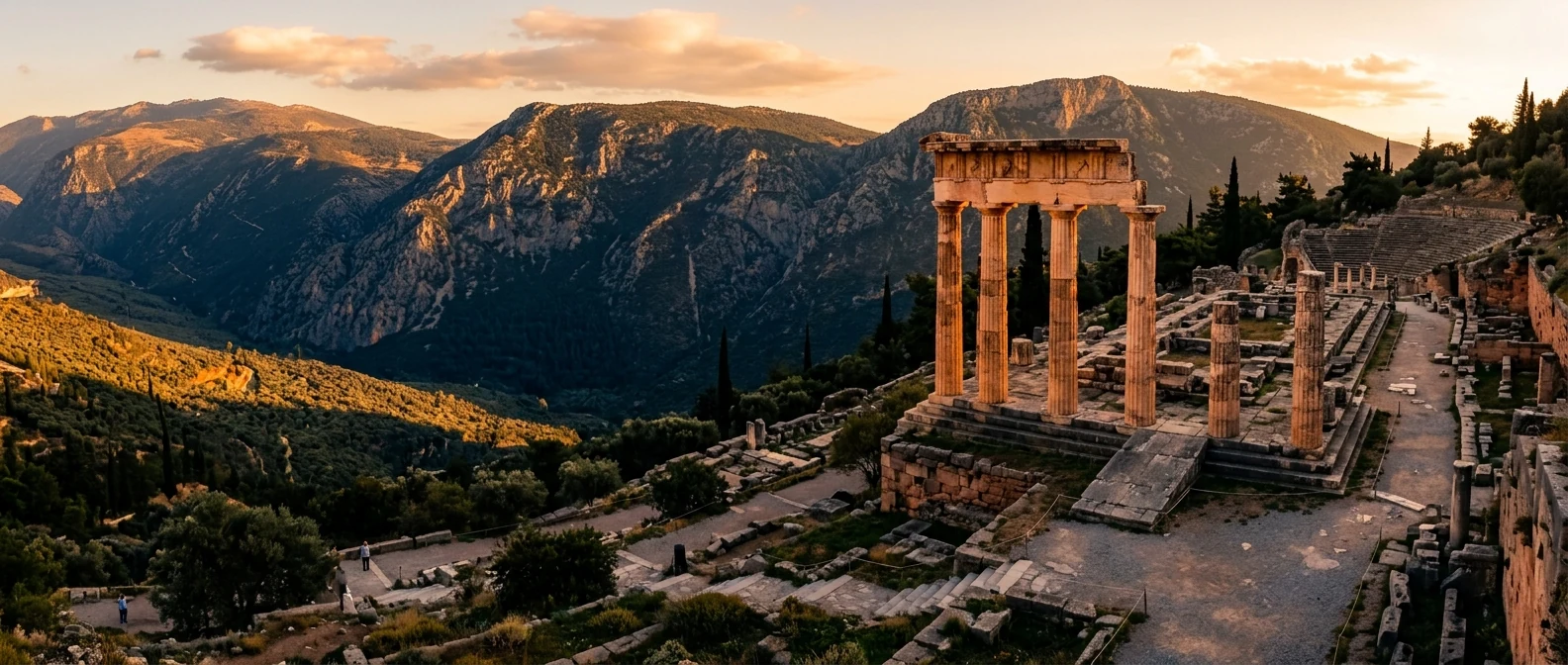 Ο ναός του Απόλλωνα στους Δελφούς, με τις πλαγιές του Παρνασσού πίσω από τους αρχαίους κίονες