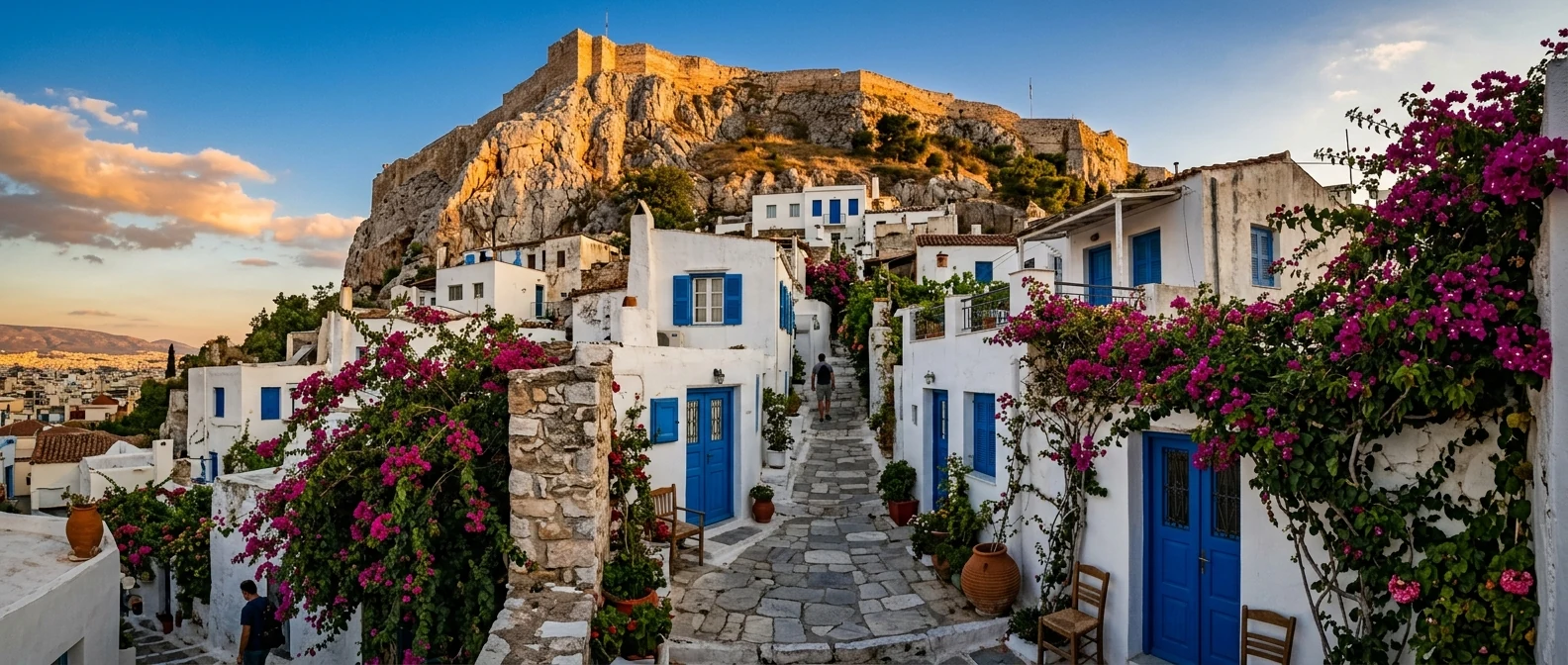 Λευκά κυβικά σπίτια των Αναφιώτικων στη βραχώδη βόρεια πλαγιά της Ακρόπολης