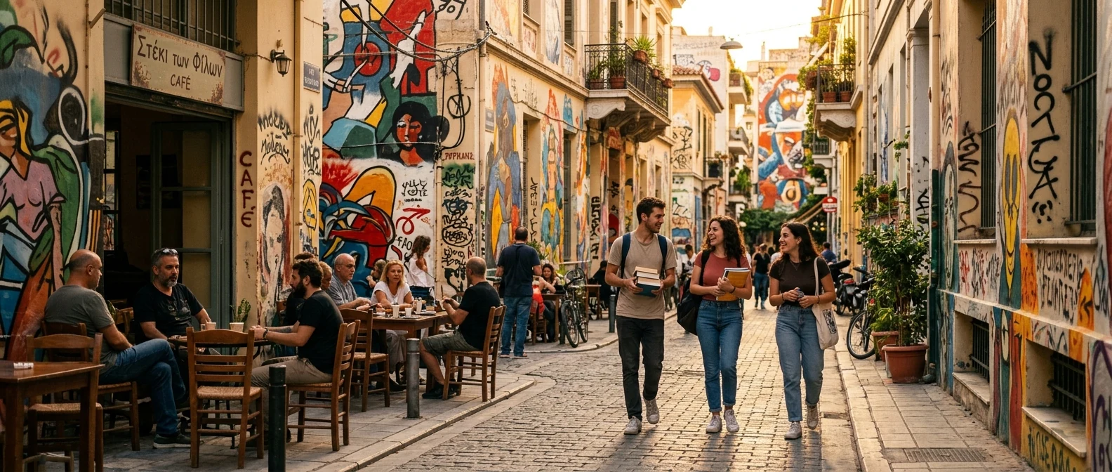 Πλατεία Εξαρχείων με τα τραπεζάκια των καφέ και τους κατοίκους της