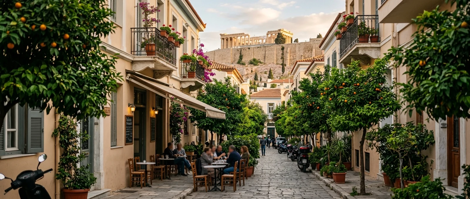 Πεζόδρομος του Κουκακίου με υπαίθρια καφέ και θέα προς την Ακρόπολη