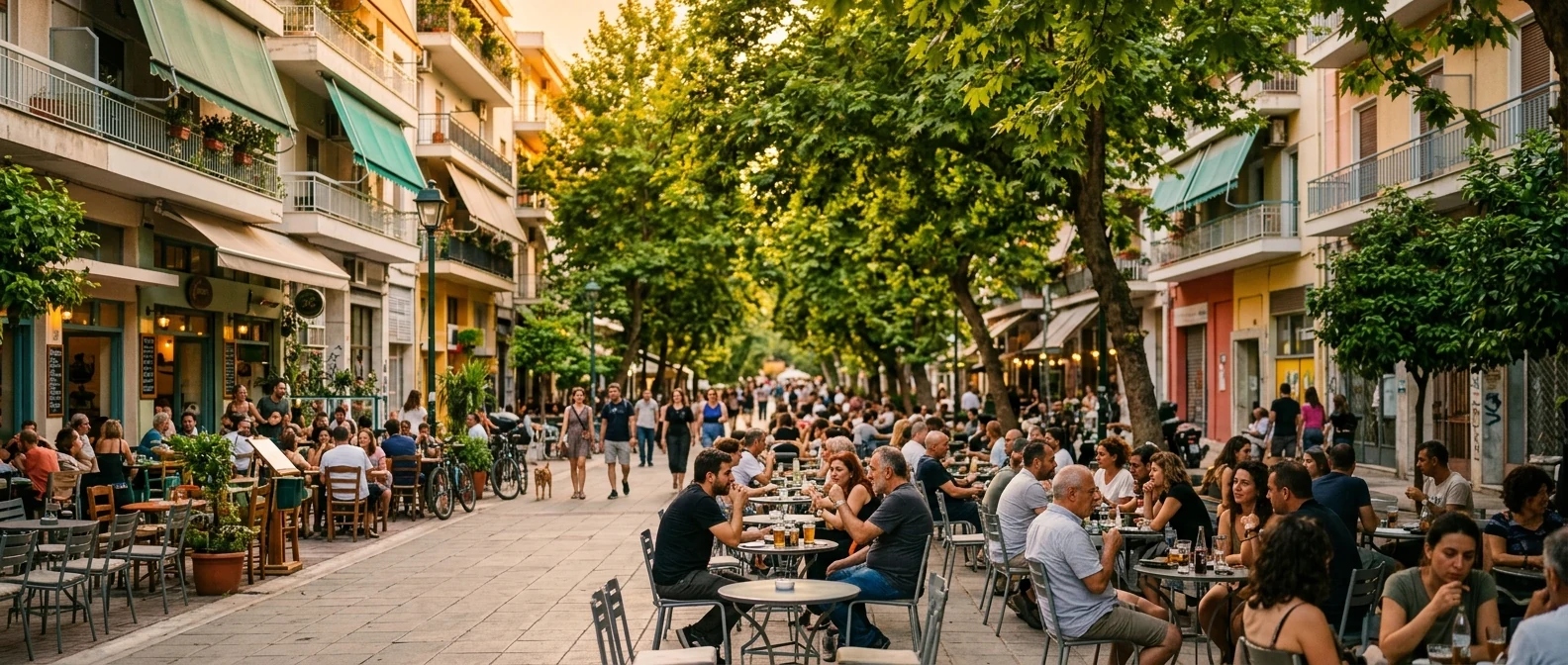 Δεντρόφυτος πεζόδρομος Φωκίωνος Νέγρη με καφέ και κόσμο