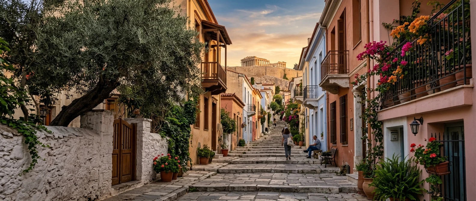 Σκαλωτό σοκάκι του Μετς με προπολεμικές βίλες σε αποχρώσεις ώχρας