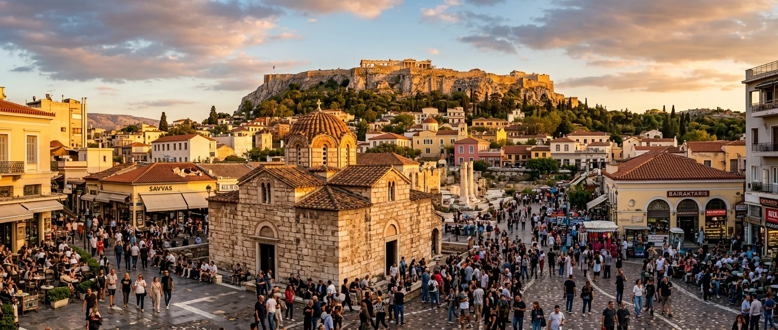 Πλατεία Μοναστηρακίου με την εκκλησία Παντάνασσα και την Ακρόπολη στο φόντο