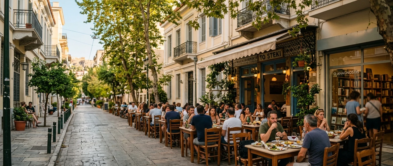 Πλατάνια και υπαίθρια καφέ στην Πλατεία Προφήτη Ηλία στο Παγκράτι