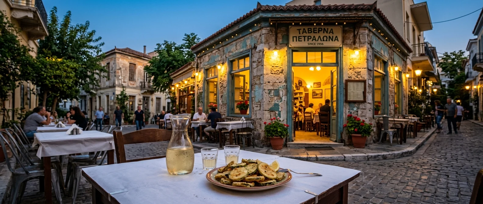 Παραδοσιακή ταβέρνα στα Πετράλωνα με τραπέζια στον πεζόδρομο