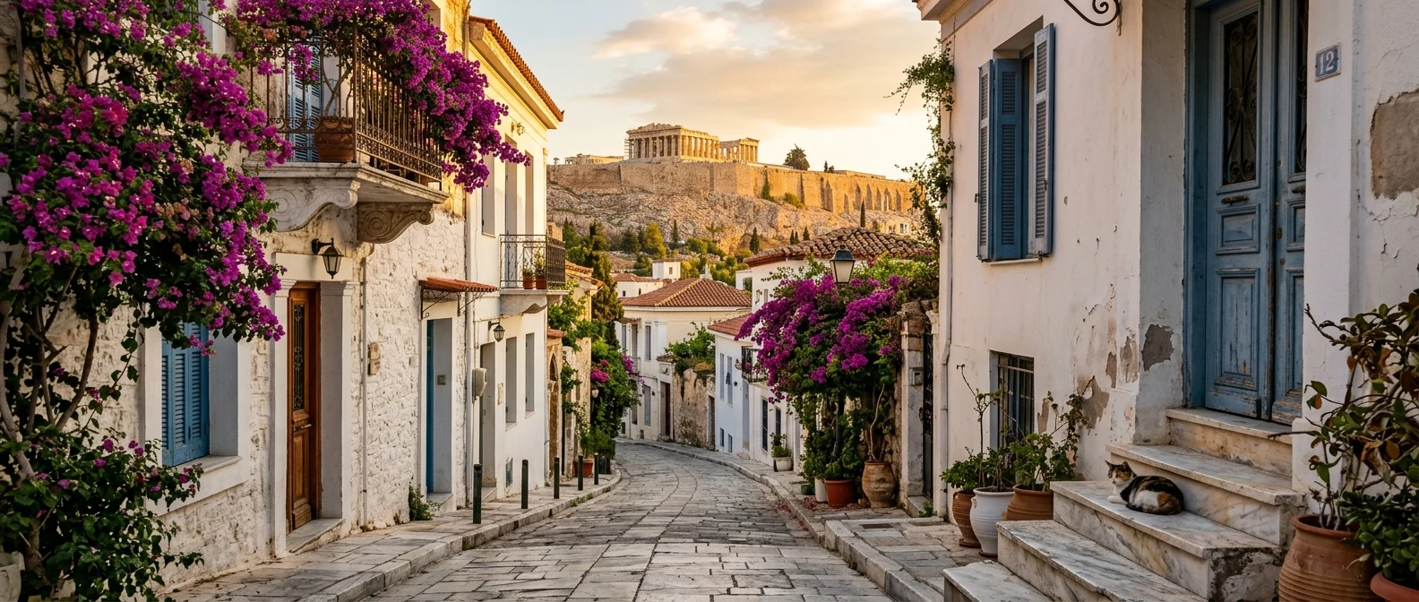 Στενά λιθόστρωτα δρομάκια της Πλάκας με νεοκλασικά σπίτια κάτω από την Ακρόπολη
