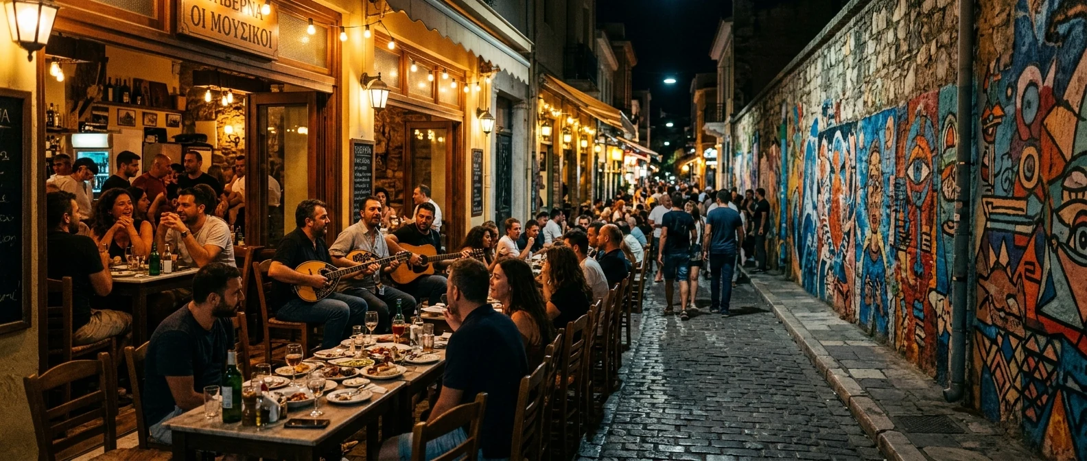 Στενό δρομάκι του Ψυρρή με μπαρ και τραπέζια στο πεζοδρόμιο τη νύχτα