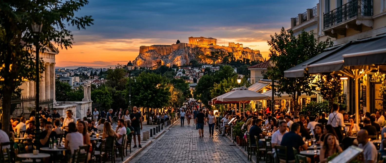 Πεζόδρομος Αποστόλου Παύλου στο Θησείο με θέα στην Ακρόπολη το ηλιοβασίλεμα