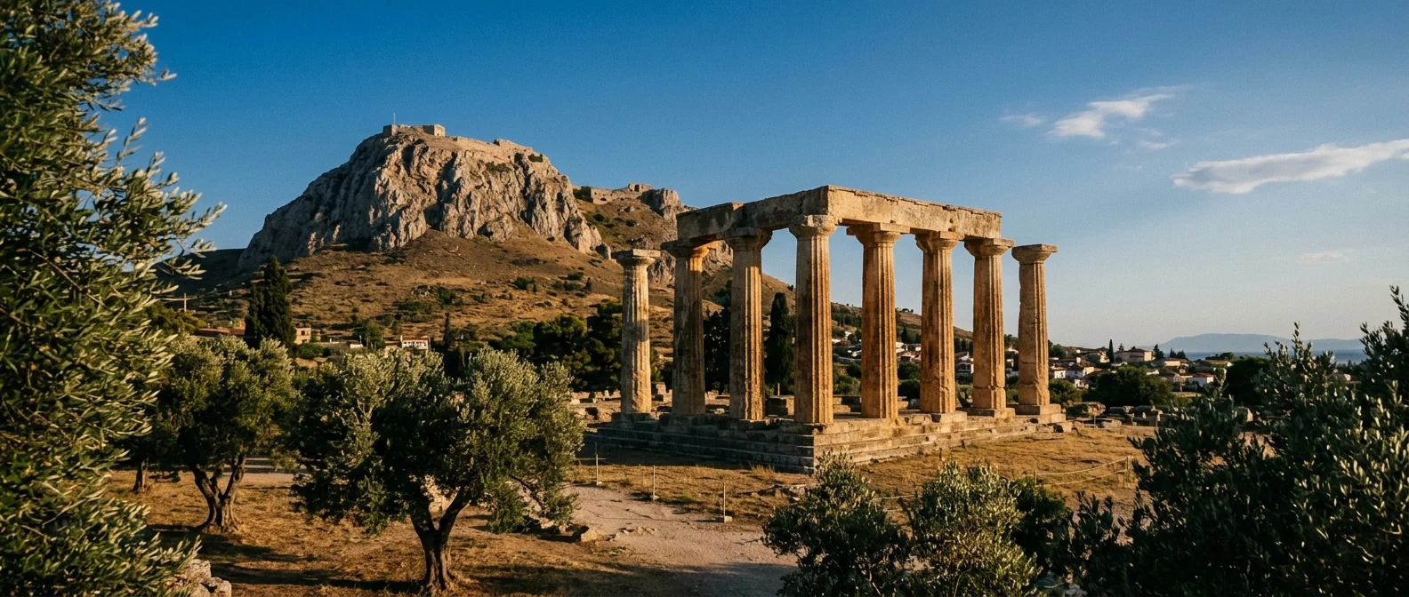 Ναός Απόλλωνα στην Αρχαία Κόρινθο με τον βράχο του Ακροκορίνθου πίσω