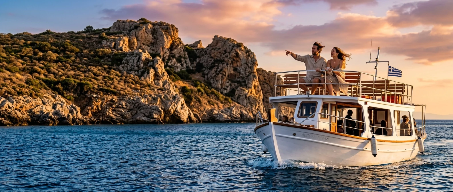 Κρουαζιερόπλοιο στον Σαρωνικό με νησιωτική προκυμαία στον ορίζοντα