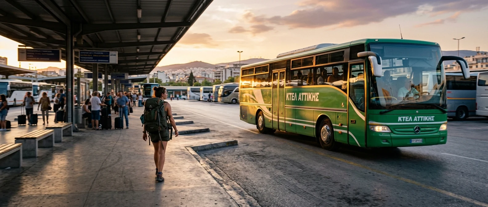 ΚΤΕΛ λεωφορείο και υδροπτέρυγο σε λιμάνι, χωρίς ενοικιαζόμενο αυτοκίνητο