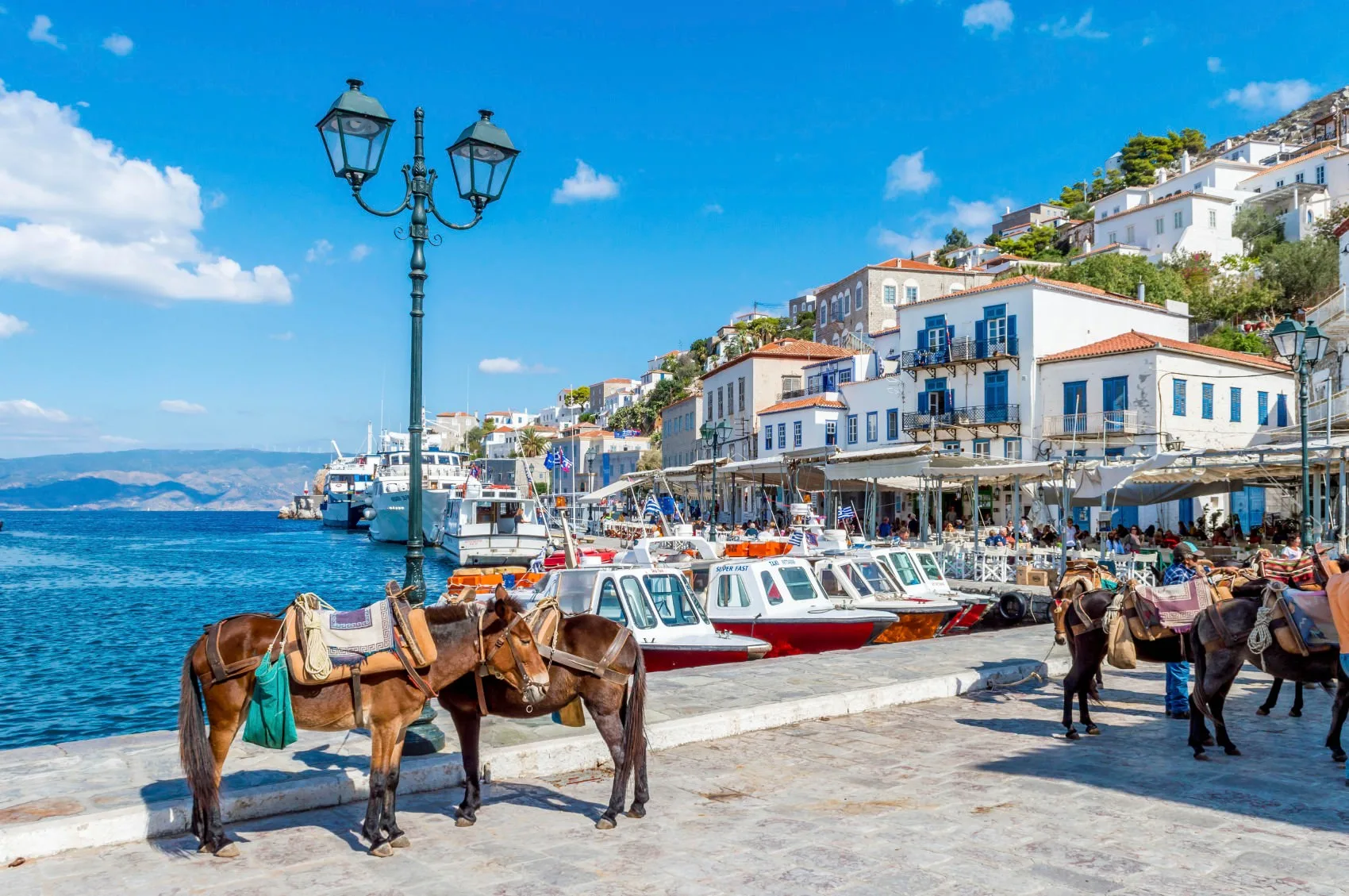 Hydra-Hafen mit neoklassischen Villen und ohne Autos, Saronischer Golf Athen-Tageskreuzfahrt