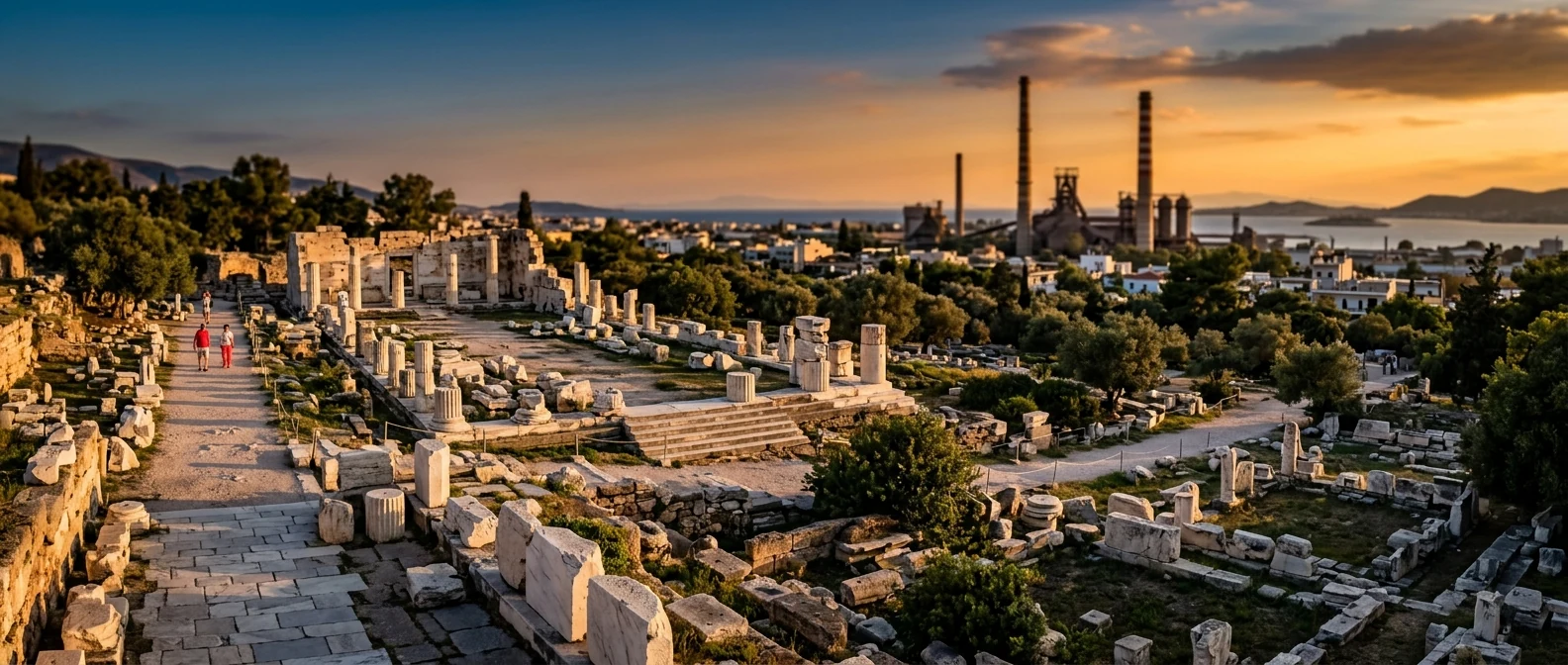Μεγάλα Προπύλαια στην Ελευσίνα με βιομηχανικές καμινάδες πίσω