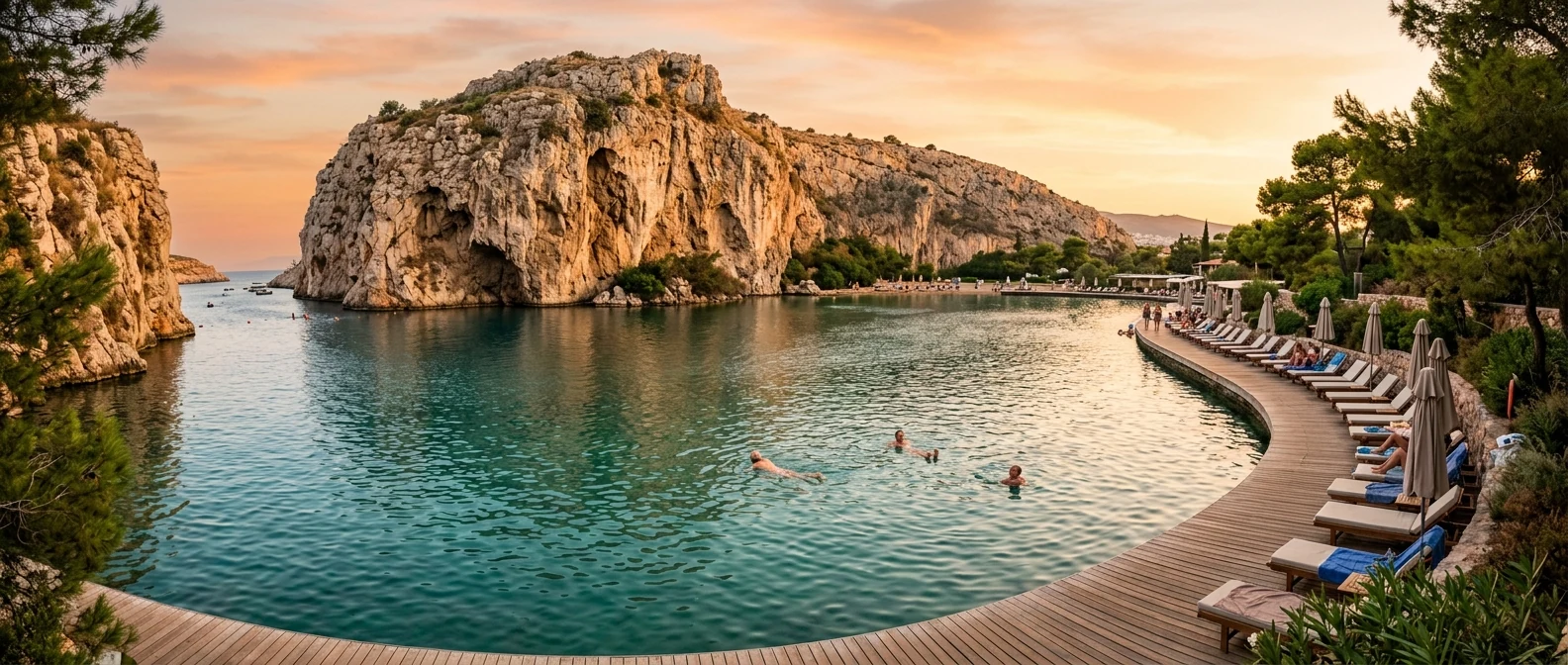 Λίμνη Βουλιαγμένης με βραχώδη πλαγιά και γαλαζοπράσινο νερό