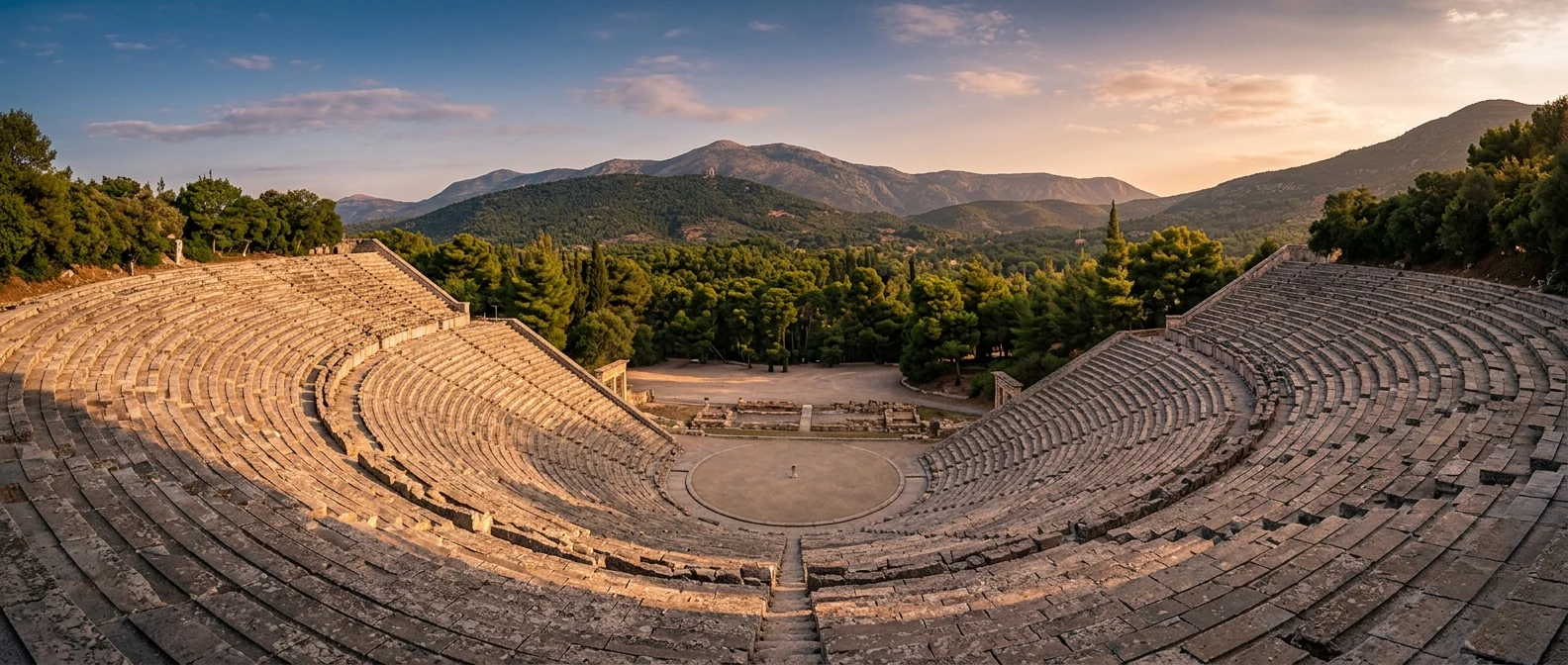 Η Πύλη των Λεόντων στις Μυκήνες με το θέατρο Επιδαύρου και το Ναύπλιο