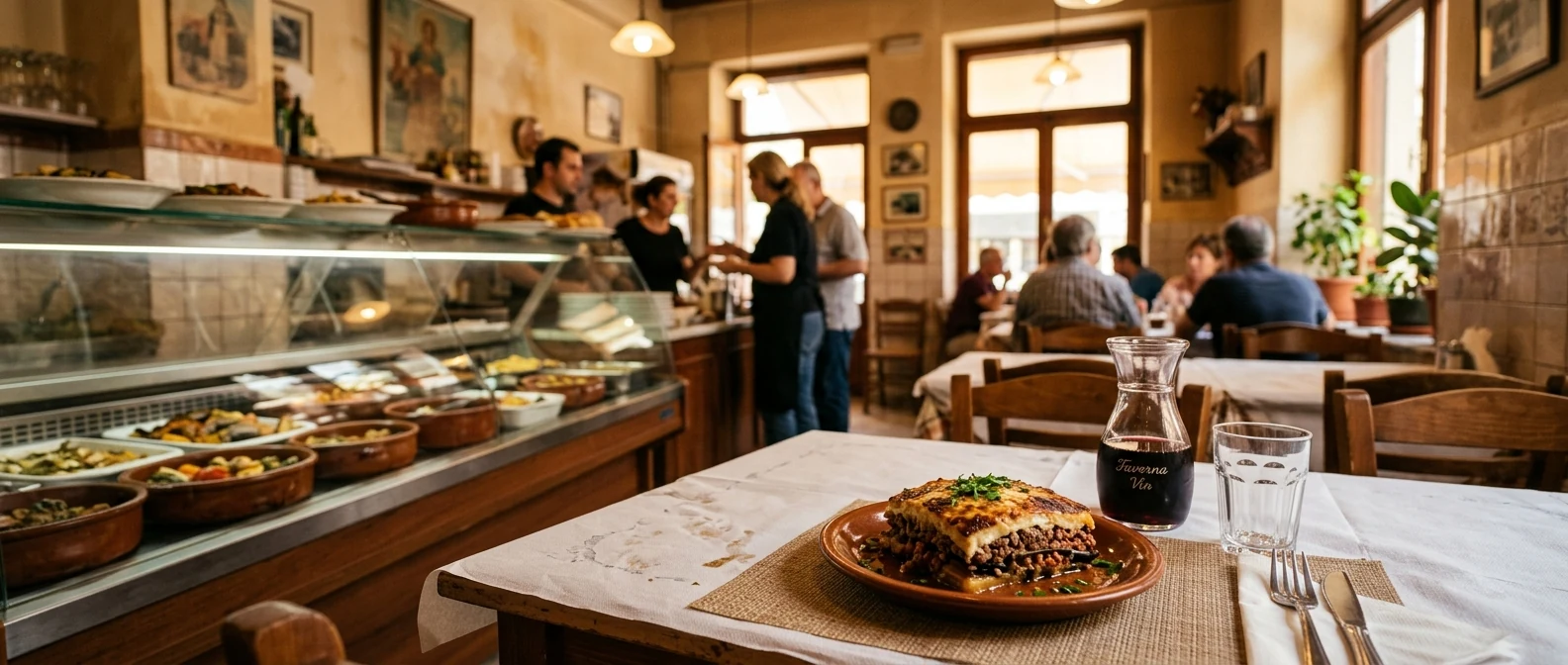 Πάγκος μαγειρείου με ταψιά παστίτσιο, γεμιστά και γίγαντες πλακί