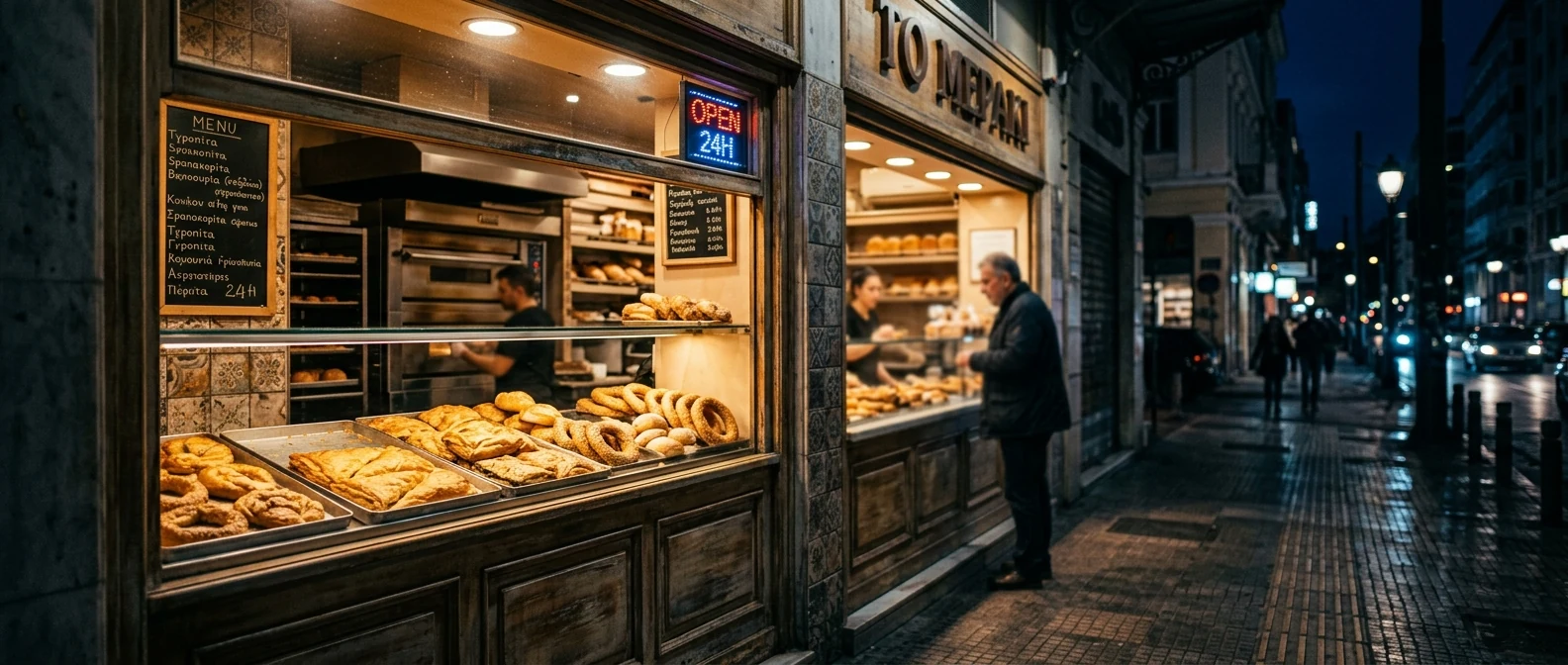 Νυχτερινός πάγκος αρτοποιείου με τυρόπιτες, σπανακόπιτες και κουλούρια Θεσσαλονίκης