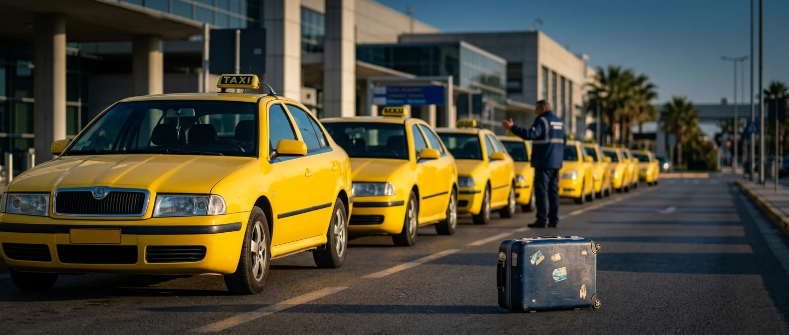 Σειρά κίτρινων αθηναϊκών ταξί στην επίσημη πιάτσα του αεροδρομίου