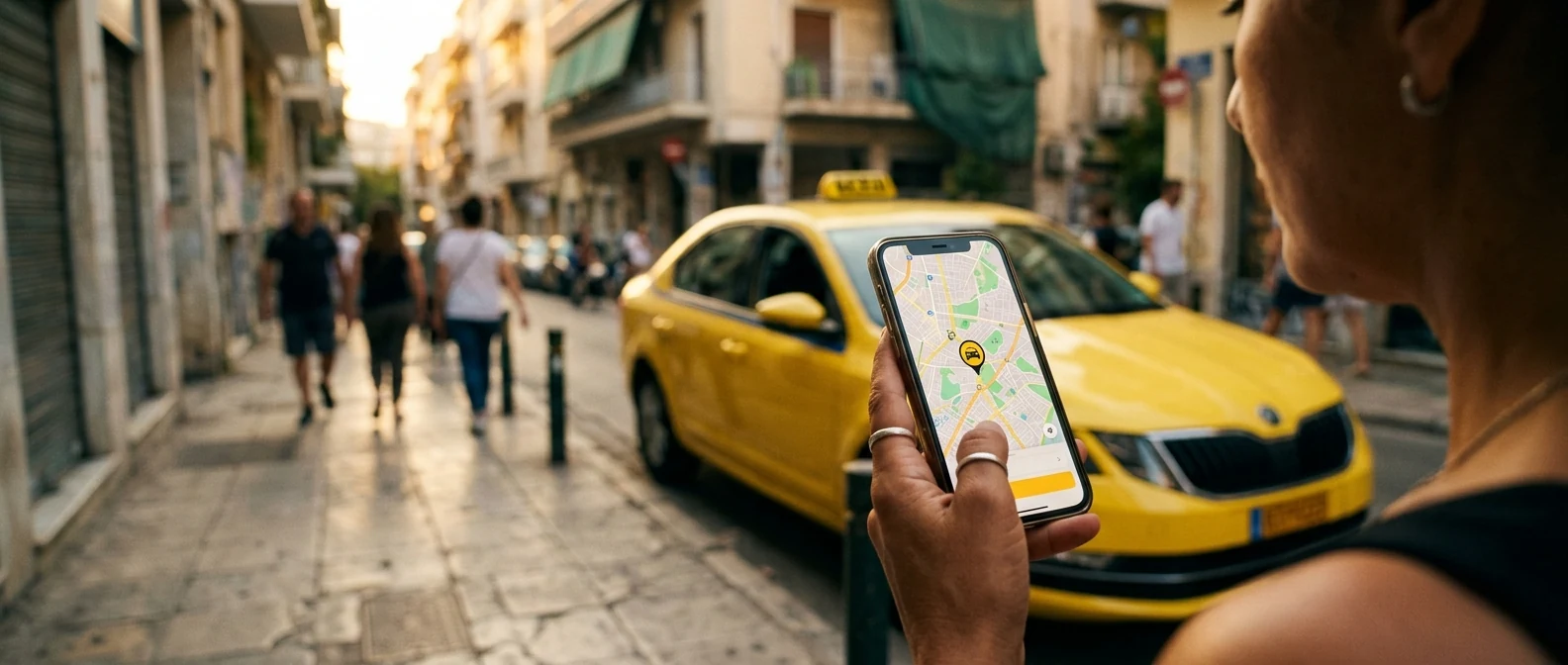 Επιβάτης χρησιμοποιεί εφαρμογή ταξί σε κινητό μέσα σε αθηναϊκό κίτρινο ταξί