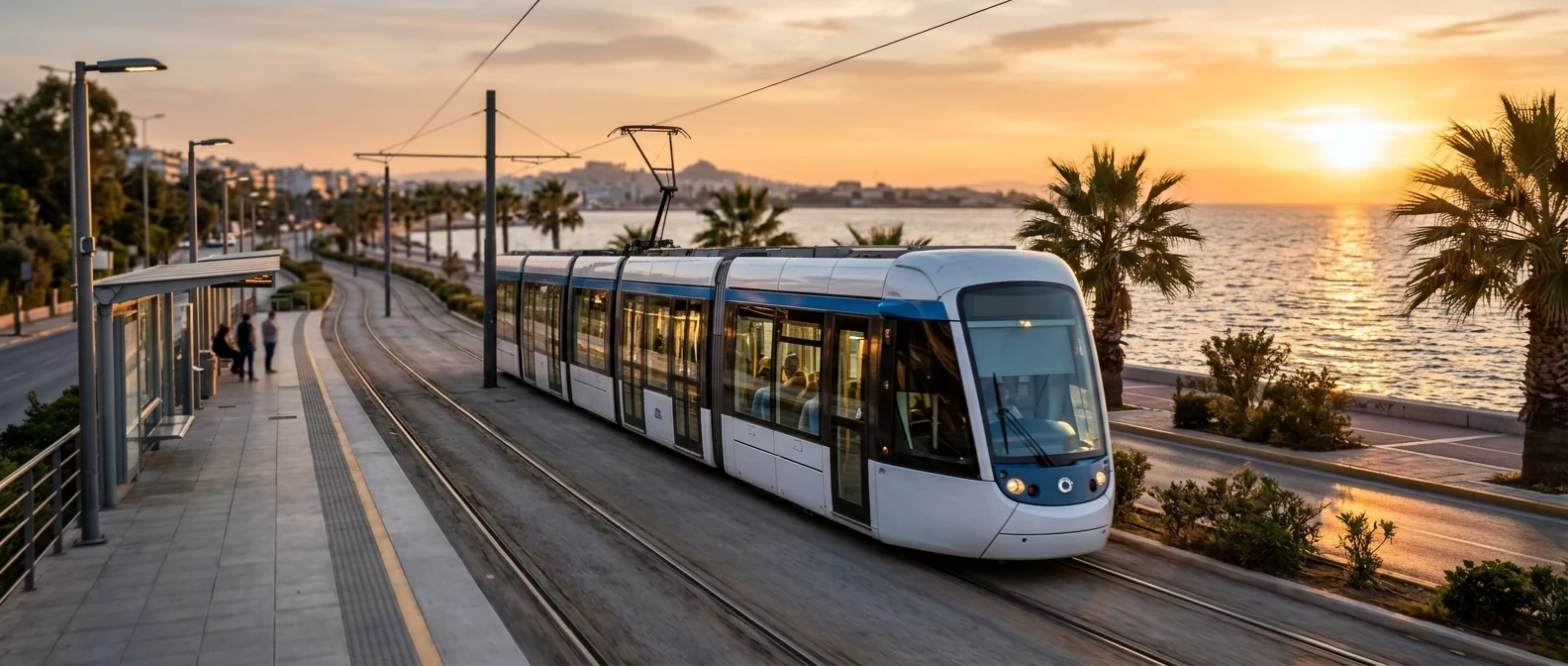 Συρμός αθηναϊκού τραμ κατά μήκος του παραλιακού μετώπου