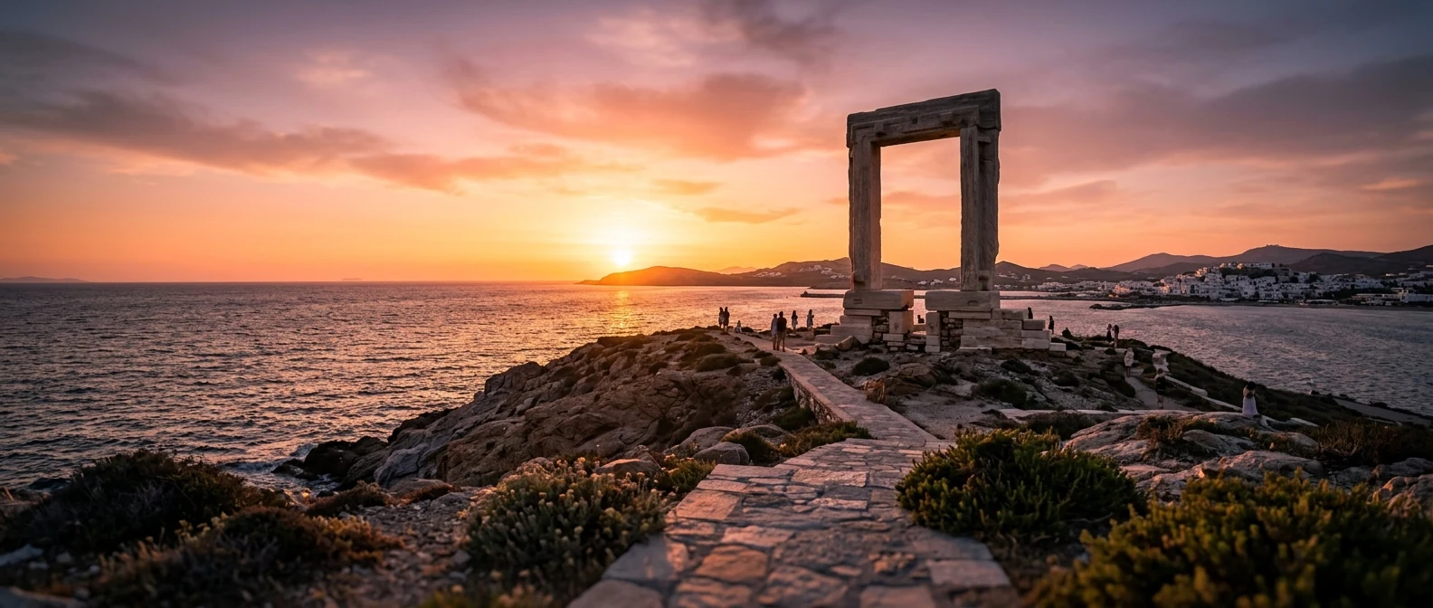 Η Πορτάρα της Νάξου στο ηλιοβασίλεμα, με το μαρμάρινο άνοιγμα πάνω στη νησίδα Παλάτια