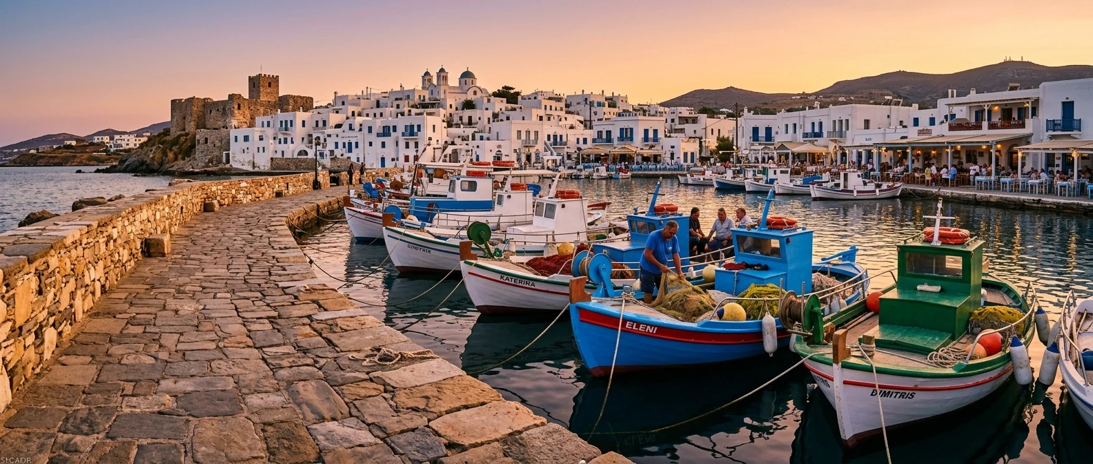 Το λιμανάκι της Νάουσας στην Πάρο με ψαρόβαρκες και λευκά σπίτια στο απογευματινό φως