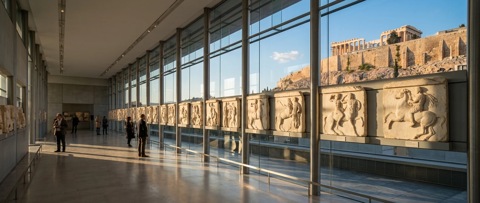 Η Αίθουσα του Παρθενώνα στο Μουσείο της Ακρόπολης, με τον Παρθενώνα ορατό μέσα από τον γυάλινο τοίχο