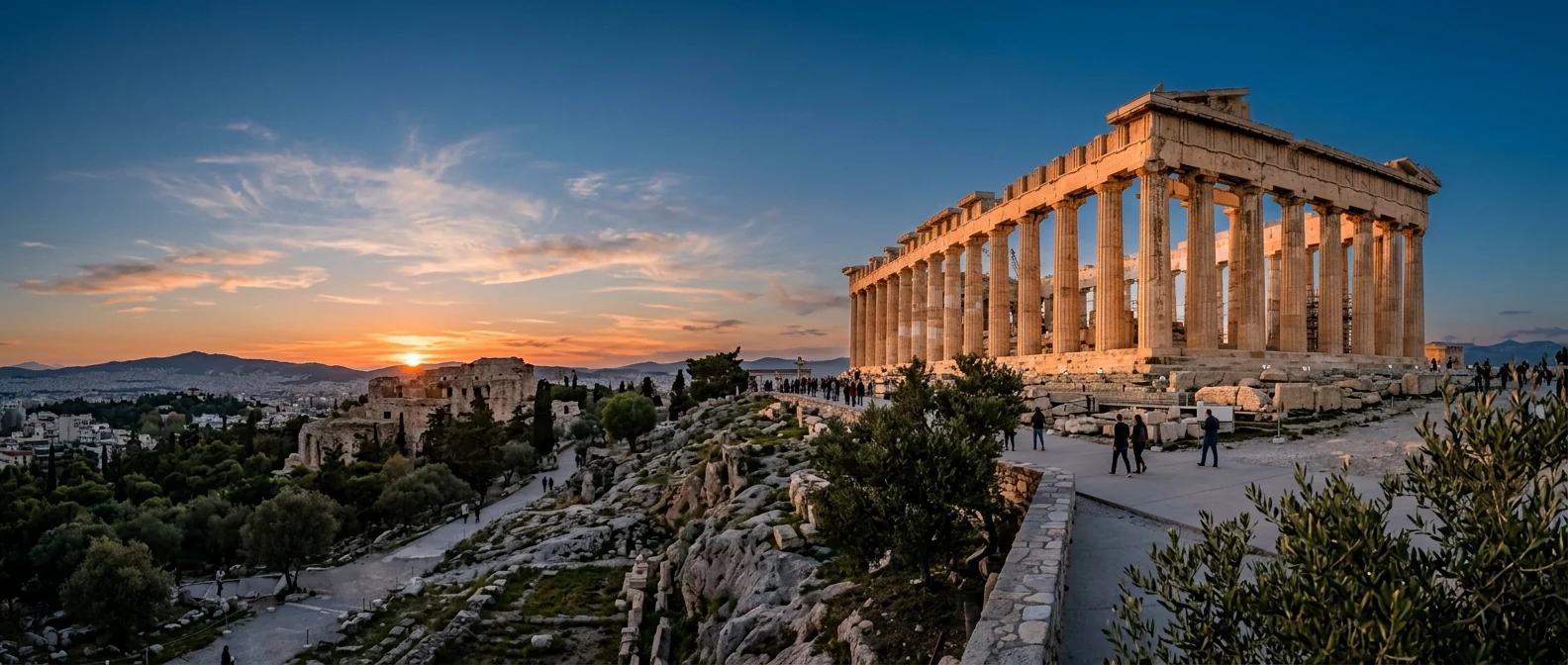 Ο Παρθενώνας πάνω στον Ιερό Βράχο της Ακρόπολης την ώρα του ηλιοβασιλέματος
