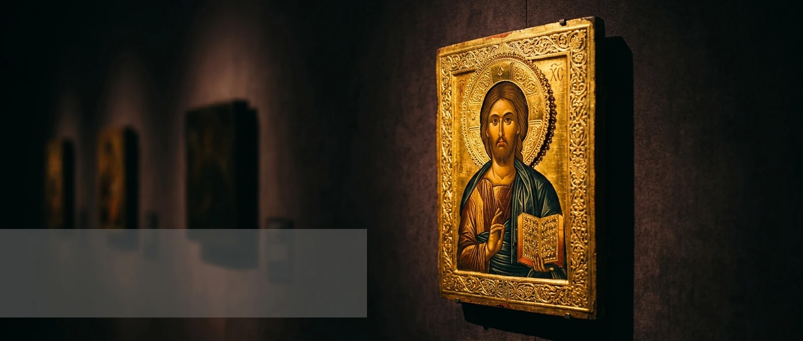 Βυζαντινή εικόνα με χρυσό φόντο κάτω από έναν θερμό φωτισμό