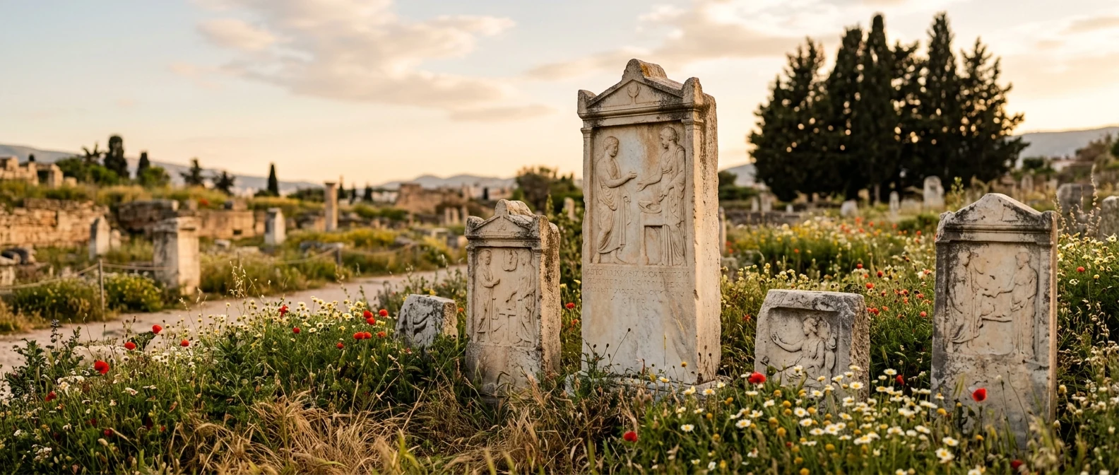 Σκαλισμένες μαρμάρινες επιτύμβιες στήλες ανάμεσα σε αγριολούλουδα στον Κεραμεικό