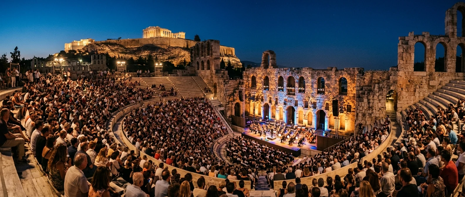 Το Ωδείο Ηρώδου του Αττικού φωτισμένο για βραδινή παράσταση κάτω από την Ακρόπολη