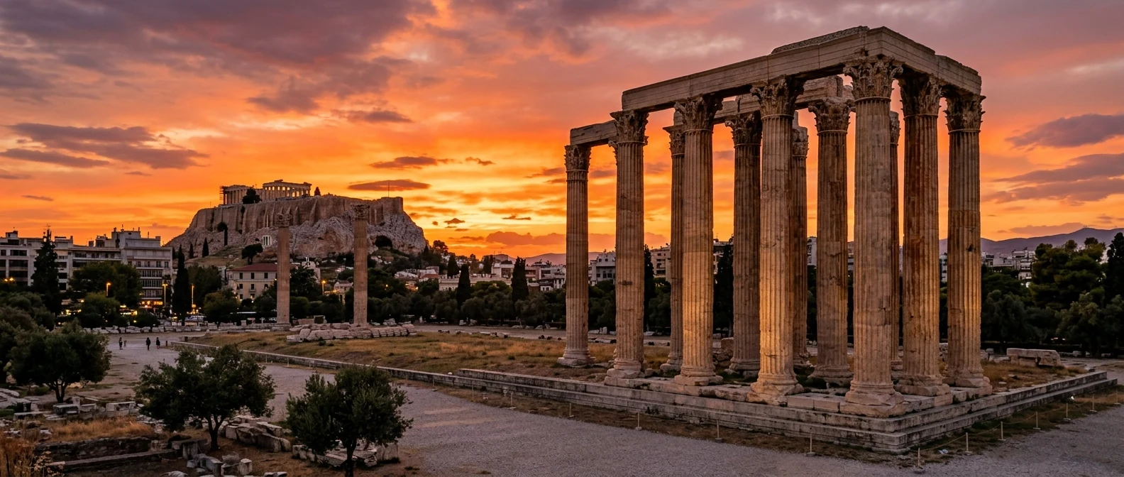 Οι όρθιες κορινθιακές στήλες του Ναού του Ολυμπίου Διός με την Ακρόπολη στο βάθος