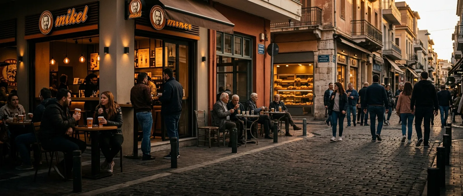 Φρέντο εσπρέσο και κουλούρι Θεσσαλονίκης σε μαρμάρινο τραπέζι αθηναϊκού καφέ