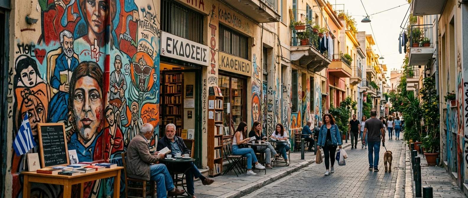 Δρόμος των Εξαρχείων με γκράφιτι και καφέ στα τραπεζάκια του πεζοδρομίου