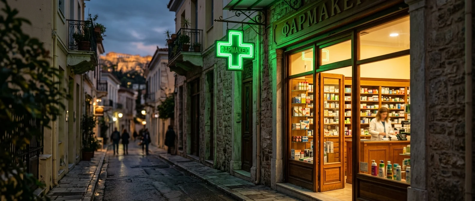 Πινακίδα φαρμακείου με πράσινο σταυρό στην Πλατεία Βικτωρίας