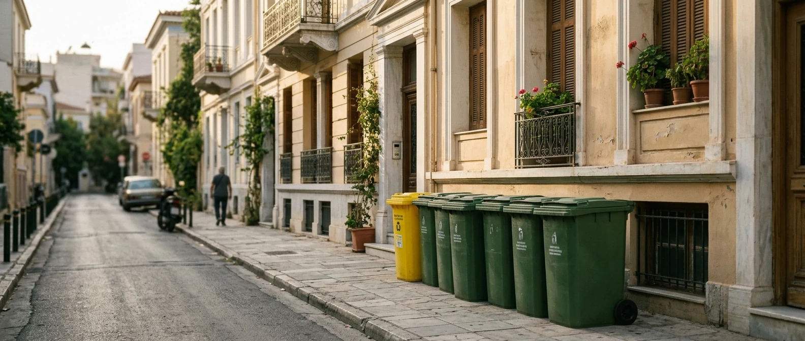 Πράσινος κάδος και πλυντήριο σε γειτονιά της Αθήνας