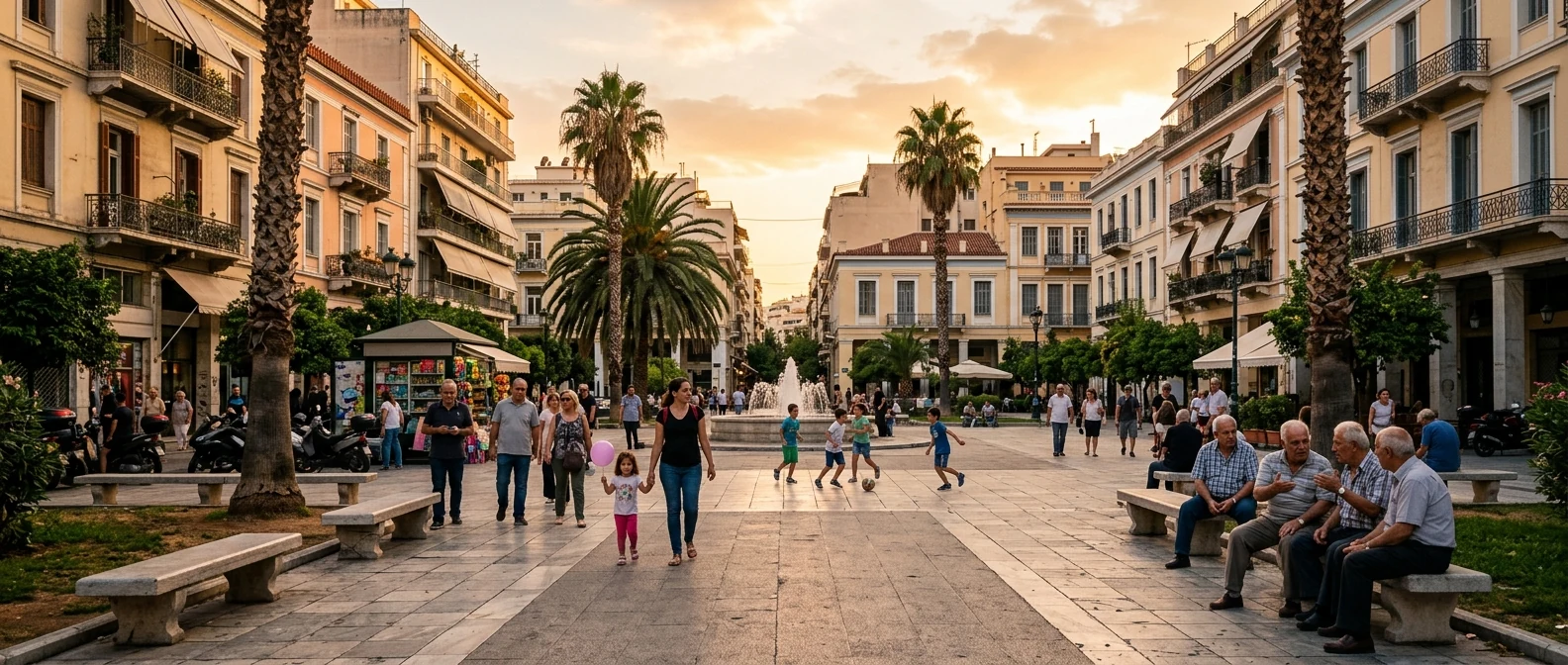Η Πλατεία Βικτωρίας με δέντρα, παγκάκια και γειτονιά γύρω