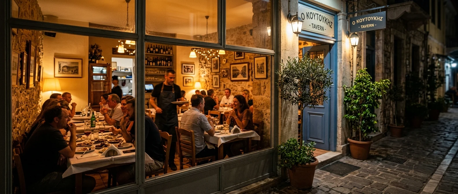 Τραπέζι ελληνικής ταβέρνας με μεζέδες κοντά στην Πλατεία Βικτωρίας