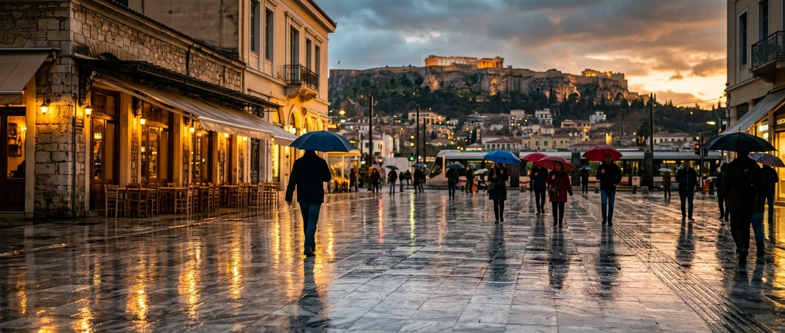 Βροχερή Αθήνα με ομπρέλες κάτω από την Ακρόπολη