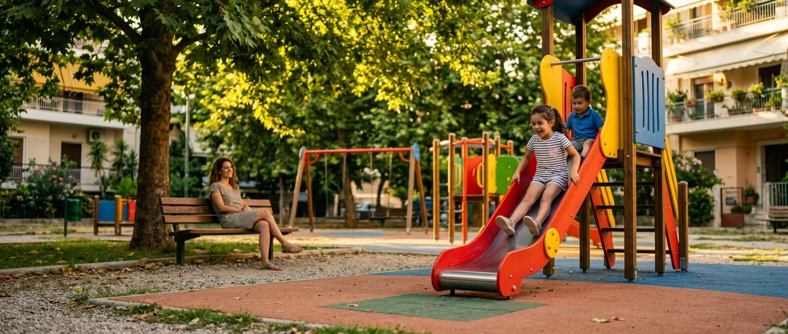 Παιδιά παίζουν σε αθηναϊκή πλατεία με ταβέρνες γύρω